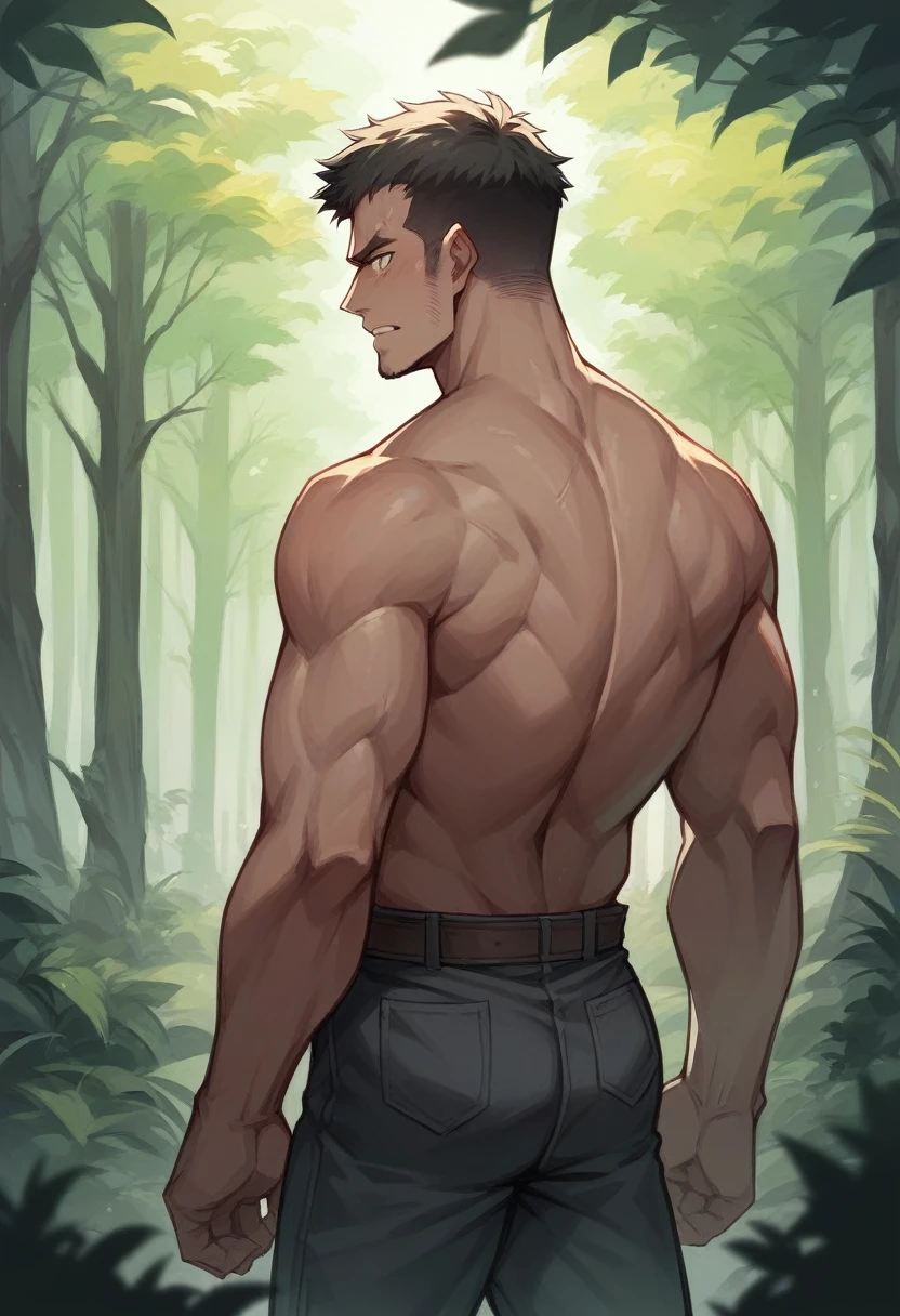 Image of man (from back)standing in forest in dark (blur).half of body of man in darkness