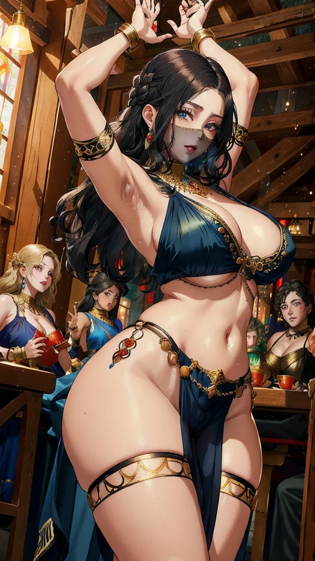 (masterpiece:1.2), (best quality:1.2), perfect eyes, perfect face, perfect lighting, 1girl, mature female dancing in a medieval tavern, (thick hair | styled hair), arms up, smiling, sweat, dancer, silk, harem outfit, mouth veil, jewelry, chains, see-through, thick eyelashes, makeup, eyeshadow, fantasy, detailed background , transparent netted outfit 