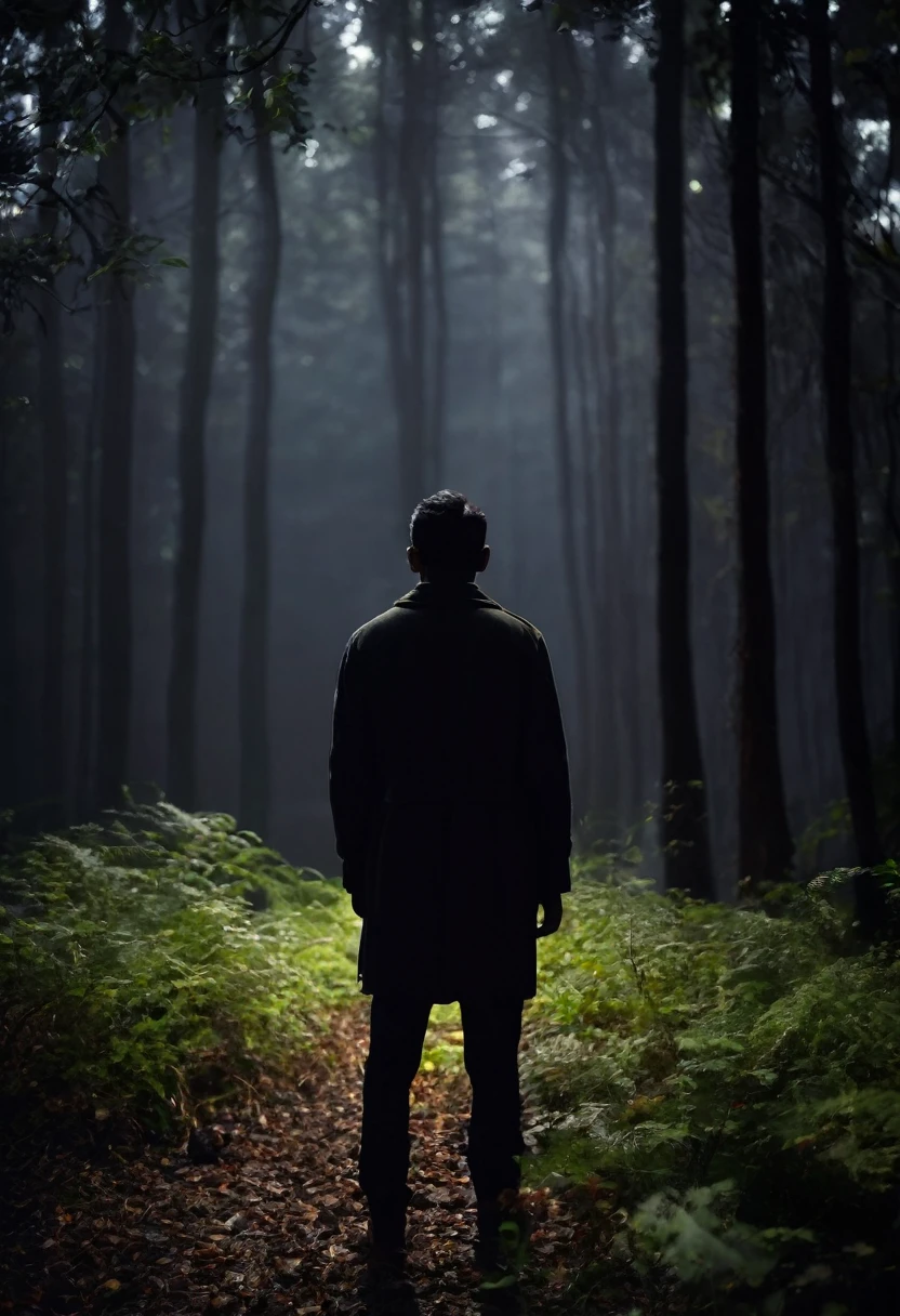 Image of man (from back)standing in forest in dark (blur).half of body of man in darkness 