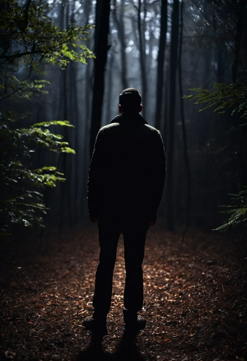 Image of man (from back)standing in forest in dark (blur).half of body of man in darkness 