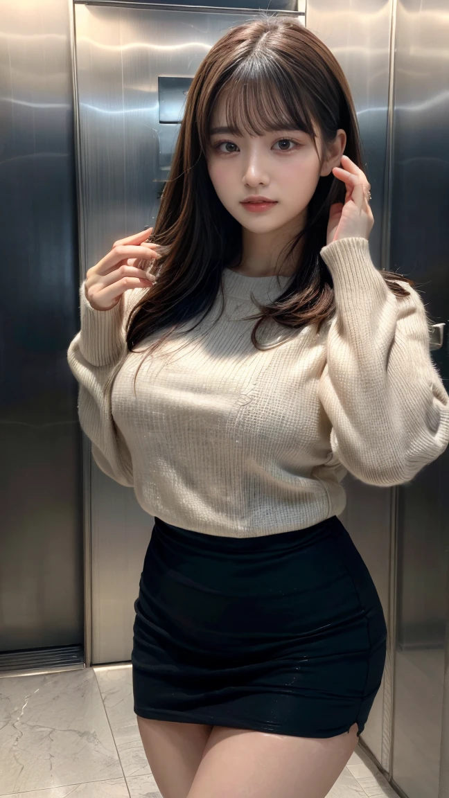 ((Two married women in their 30s))、In the elevator hall of the apartment、(Overlapping each other's ass and ass)、Two women facing the front、Light long-sleeved sweater、tight skirts、stroking the thigh、(You can see the lines of the body well from the top of the clothes..)、((Seductive facial expressions:1.1))((Beautiful Large Breastiddlebreasts))、Seduction Pose、((Etch Smile))((Random and mature hairstyle))The face is orderly、A detailed face、Beautiful face、Tying hair、Light brown eyes、1girll、Innocence、(Photorealsitic)、(intricate detailes:1.2)、(​masterpiece、:1.3)、(top-quality:1.4)、(超A high resolution:1.2)、超A high resolution、(A detailed eye)、(detailed facial features)、8K resolution