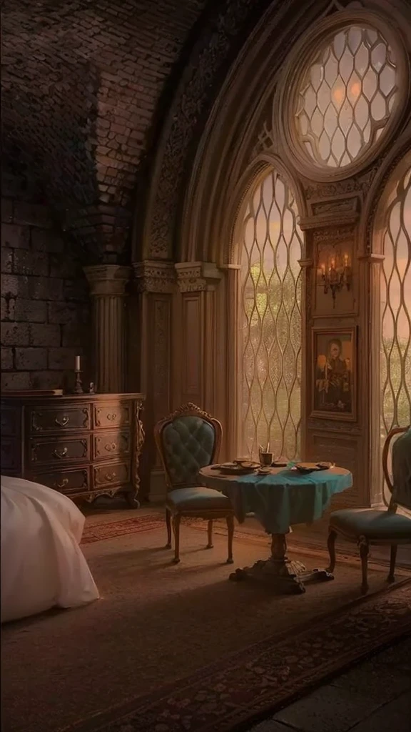 There is a room with a table and chairs in it, interior art background, Relaxing Conceptual Art, concept art awesome atmosphere, magical realism style., Disney concept art, very realistic concept art, Intricate castle interior, detailed lighting and textures, art background, Harry Potter art, fairy tale painting, Highly detailed matte paint, Concept art painting, Gothic mansion room, Conceptual Art Oil Painting