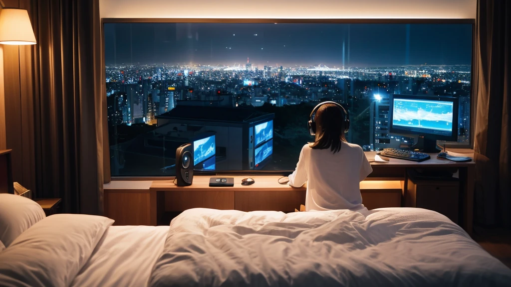 "Anime girl sitting in front of computer in cozy bedroom (seen from behind), girl listening to music with headphones in cozy room at night, girl enjoying beautiful Tokyo night view from window, Alfa Romeo toy on desk. Enjoying watching an Alfa Romeo 159 on a computer monitor, 2D animation style, 90s anime aesthetic, lo-fi, high detail, with hard drive, mix of animation style and Fujifilm, hyperrealistic, 8K, masterpiece."