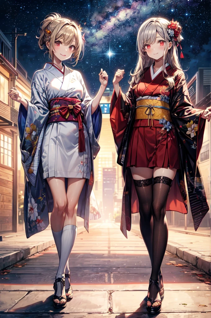 It is a full-body illustration of a beautiful slender woman with brown and grayish ash color straight hair, red sexy lips, and a smile. She is an FX trader. She is wearing a mini-skirt kimono dressed as Orihime on Tanabata day, and is smiling with the Milky Way and FX chart in the background (Milky Way, starry sky, FX chart) (sparkling, glowing clothes, glowing eyes) There are glowing illustrations like Pixiv.