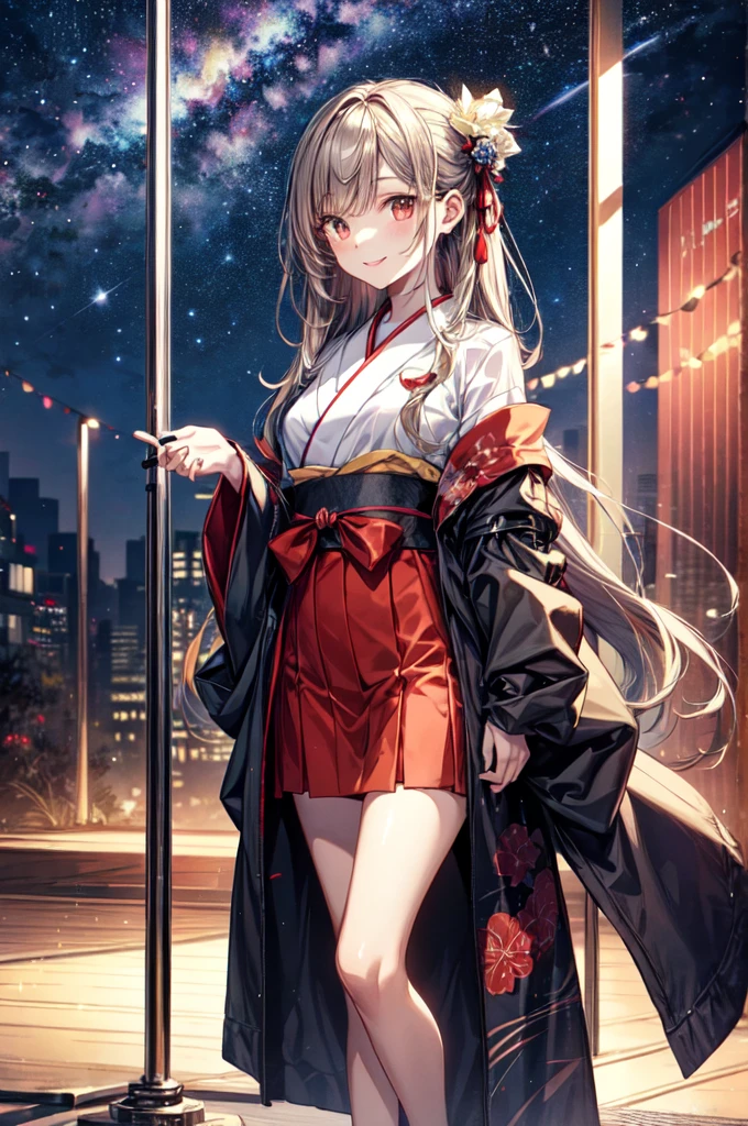 It is a full-body illustration of a beautiful slender woman with brown and grayish ash color straight hair, red sexy lips, and a smile. She is an FX trader. She is wearing a mini-skirt kimono dressed as Orihime on Tanabata day, and is smiling with the Milky Way and FX chart in the background (Milky Way, starry sky, FX chart) (sparkling, glowing clothes, glowing eyes) There are glowing illustrations like Pixiv.