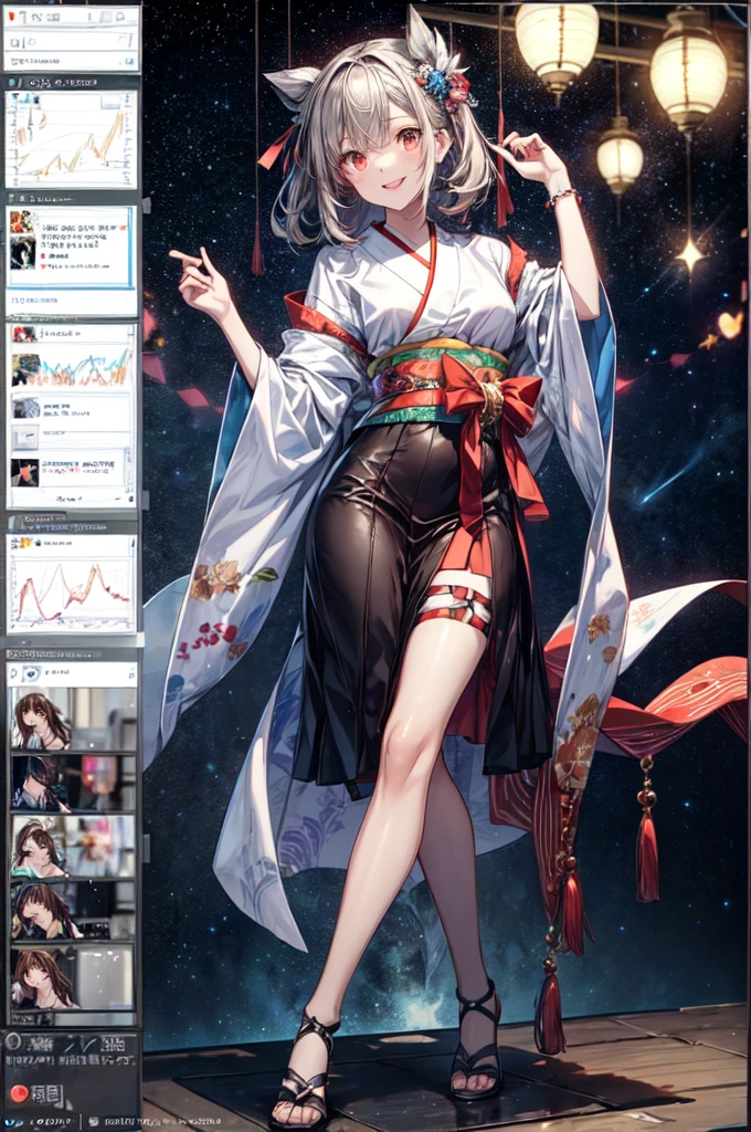It is a full-body illustration of a beautiful slender woman with brown and grayish ash color straight hair, red sexy lips, and a smile. She is an FX trader. She is wearing a mini-skirt kimono dressed as Orihime on Tanabata day, and is smiling with the Milky Way and FX chart in the background (Milky Way, starry sky, FX chart) (sparkling, glowing clothes, glowing eyes) There are glowing illustrations like Pixiv.