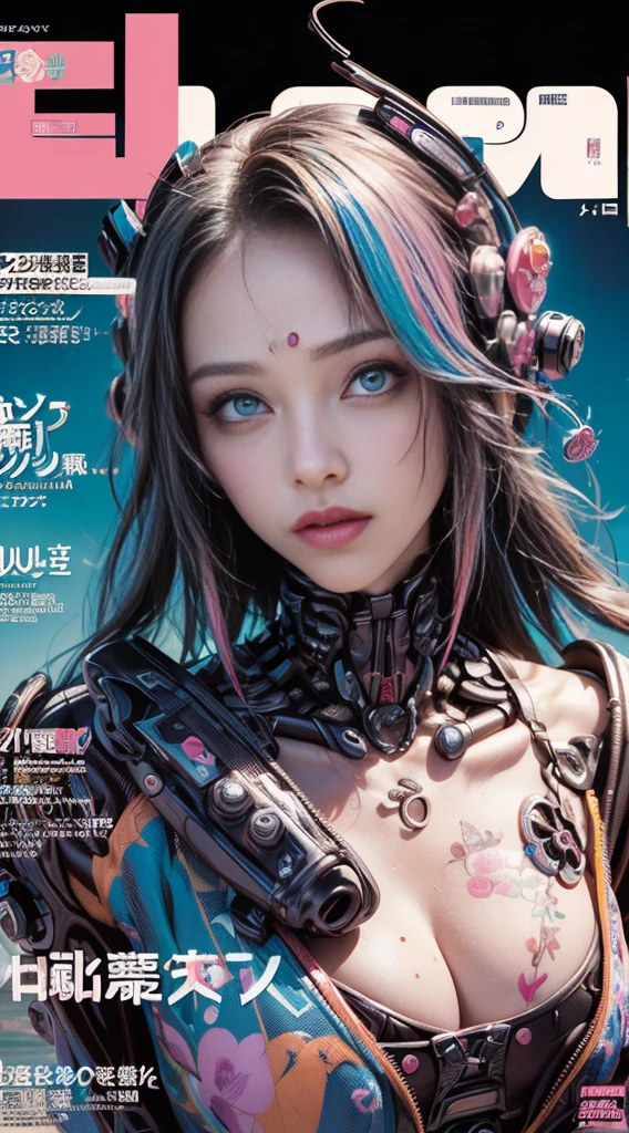 Flowing_contour biomechanical__cybernetic_airbrush___Strange__(((Japanese Harajuku style Fashion_(((colorful Magazine_cover)))__art_decor_Border)))__porcelain_and_Platinum / Futuristic Cyberpunk woman with porcelain skin, cybernetic implants.
