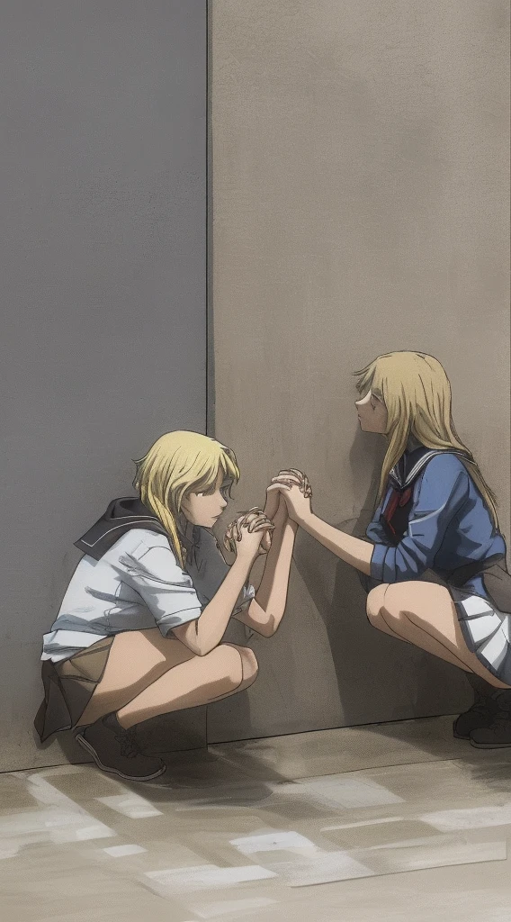 2 female students squatting on the ground, holding their hands on the wall, medium build and blond hair
