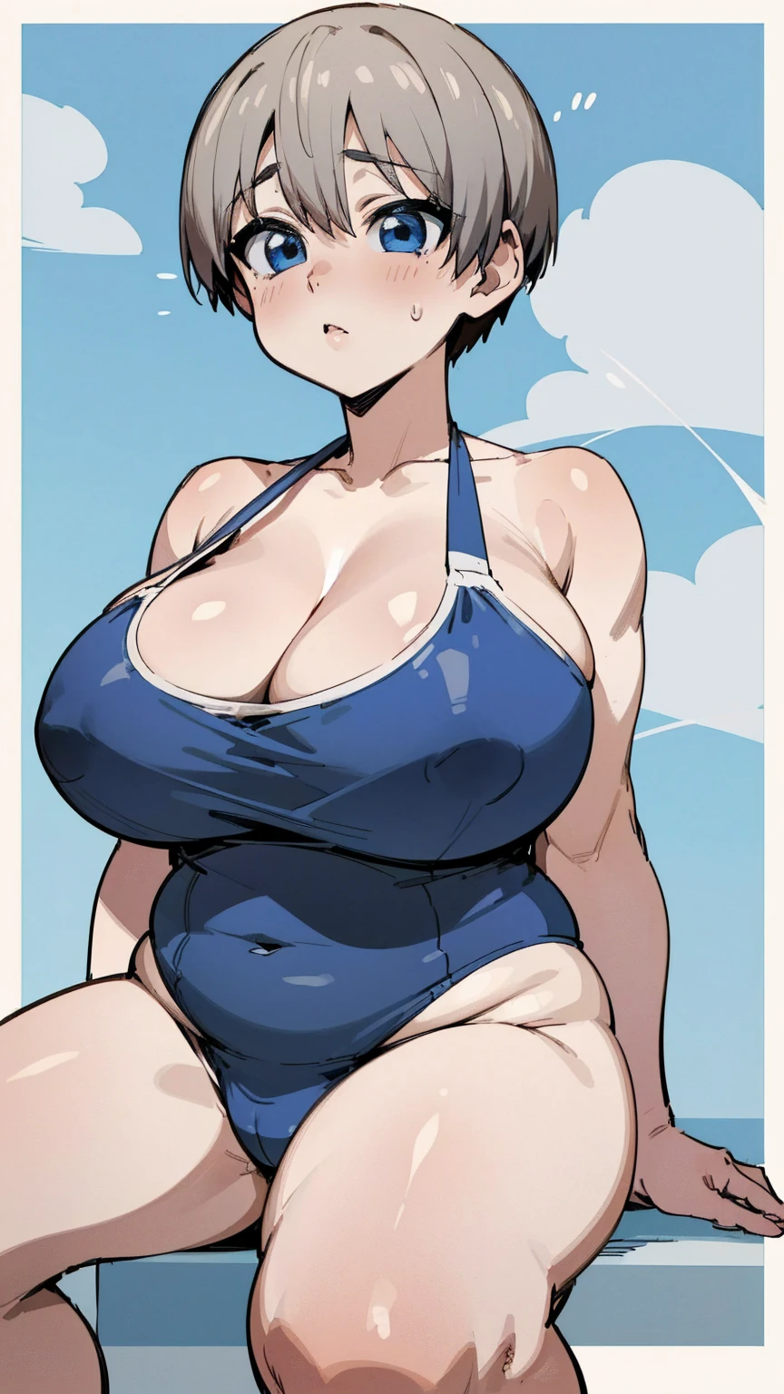 masterpiece, best quality, ultra-detailed, Potrait of beautiful , (chubby) (muscular), (plump), (sexly), (cleavage), ((tomboy)), (アニメ), (Breasts), (Plump), ((very short hair)), ((Uzaki Hana)), (overweight), (Gray Hair), ((Saggy breasts)), (blue eyes), (Short Hair), (blue eyes), ((thick)), (swimsuits),