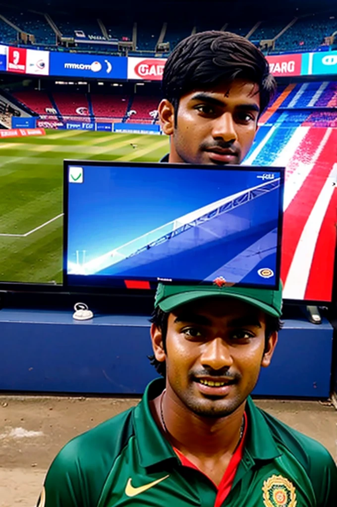 A YOUNG MAN bad INDIA CRICKET TEAM  kitNAMED SHUBHAM WITH NUMBER 18 AND live WATCHING MATCH ON BIG screen tv 