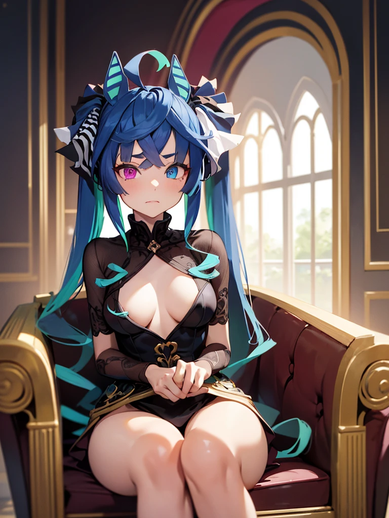 (top-quality、hight resolution)、A scene titled "Profession: Courtesan" portrays a woman who has embraced her role as a courtesan. She is dressed in alluring, elegant attire, sitting confidently on a lavish couch in a richly decorated room. Her demeanor is composed and self-assured, with a hint of world-weariness in her eyes. The background is filled with luxurious fabrics, soft lighting, and opulent furnishings, reflecting the duality of allure and the weight of her profession. Twin_turbo_umamusume,aqua hair, twintails, heterochromia, purple eyes, blue eyes, sharp teeth, small breasts, nsfw