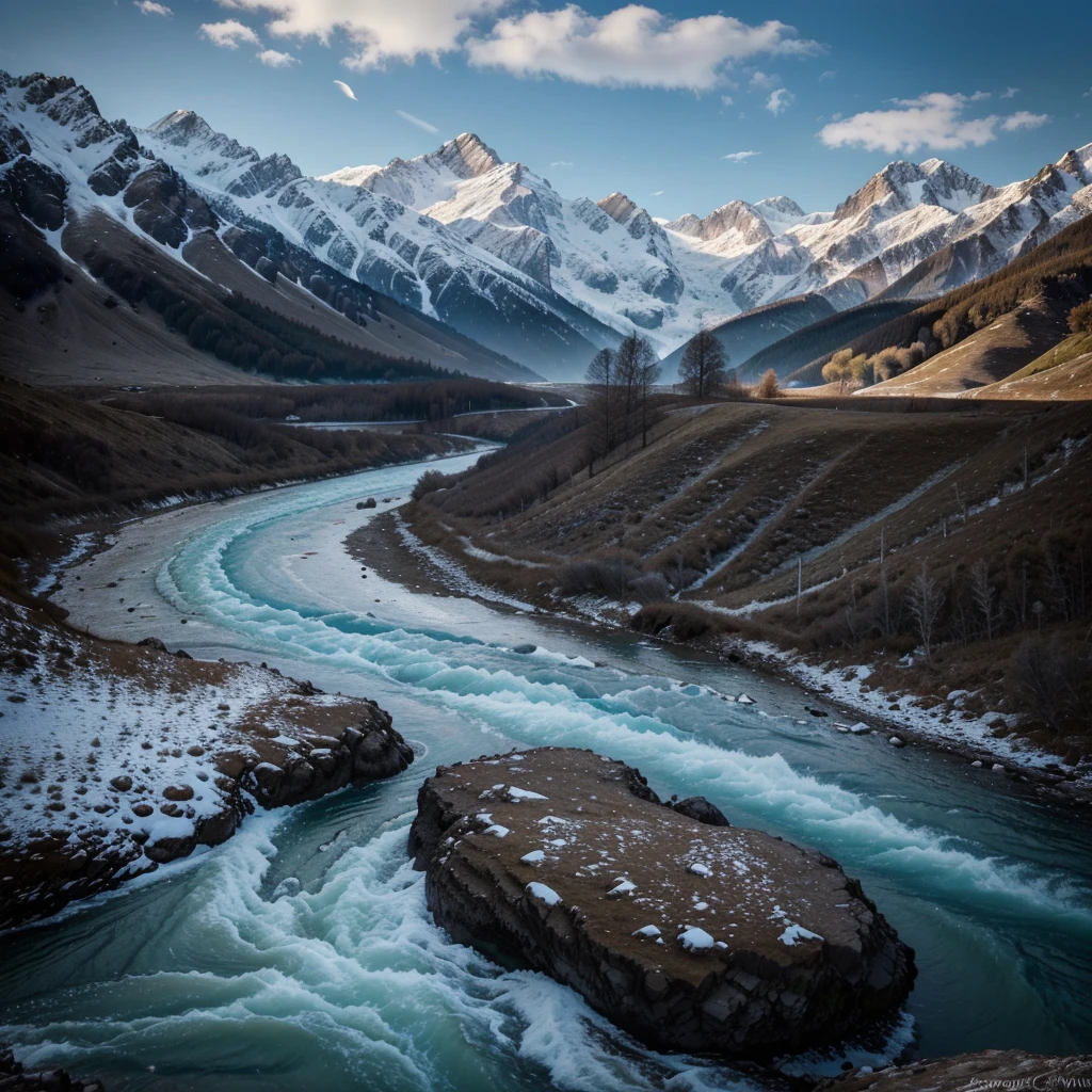 a dramatic landscape of the high Caucasus mountains, snow-capped peaks, vibrant colors, at the foot of the mountains a stormy river with crystal clear water, an eagle soaring in the distance, (best quality,8k,highres,masterpiece:1.2),ultra-detailed,(realistic,photorealistic,photo-realistic:1.37),canon camera, dramatic lighting, cinematic composition
