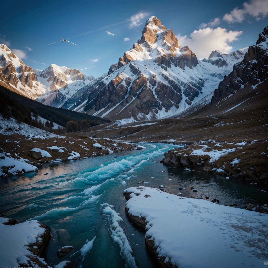 a dramatic landscape of the high Caucasus mountains, snow-capped peaks, vibrant colors, at the foot of the mountains a stormy river with crystal clear water, an eagle soaring in the distance, (best quality,8k,highres,masterpiece:1.2),ultra-detailed,(realistic,photorealistic,photo-realistic:1.37),canon camera, dramatic lighting, cinematic composition