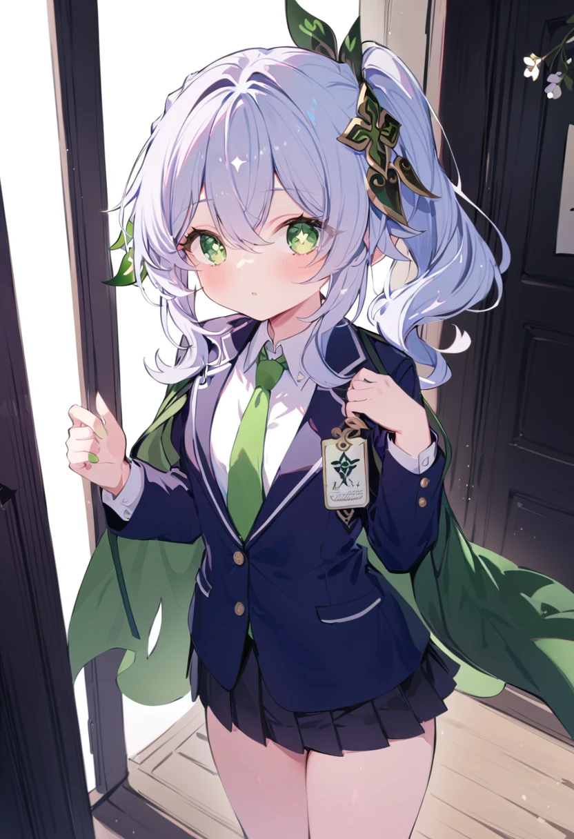 masterpiece, best quality, 1 Girl, Solitary, Nashida_Genshin Impact, Cross-shaped pupil, Uniforms, Green tie, Casual suits, Pleated Skirt, Green Cape, permanent  