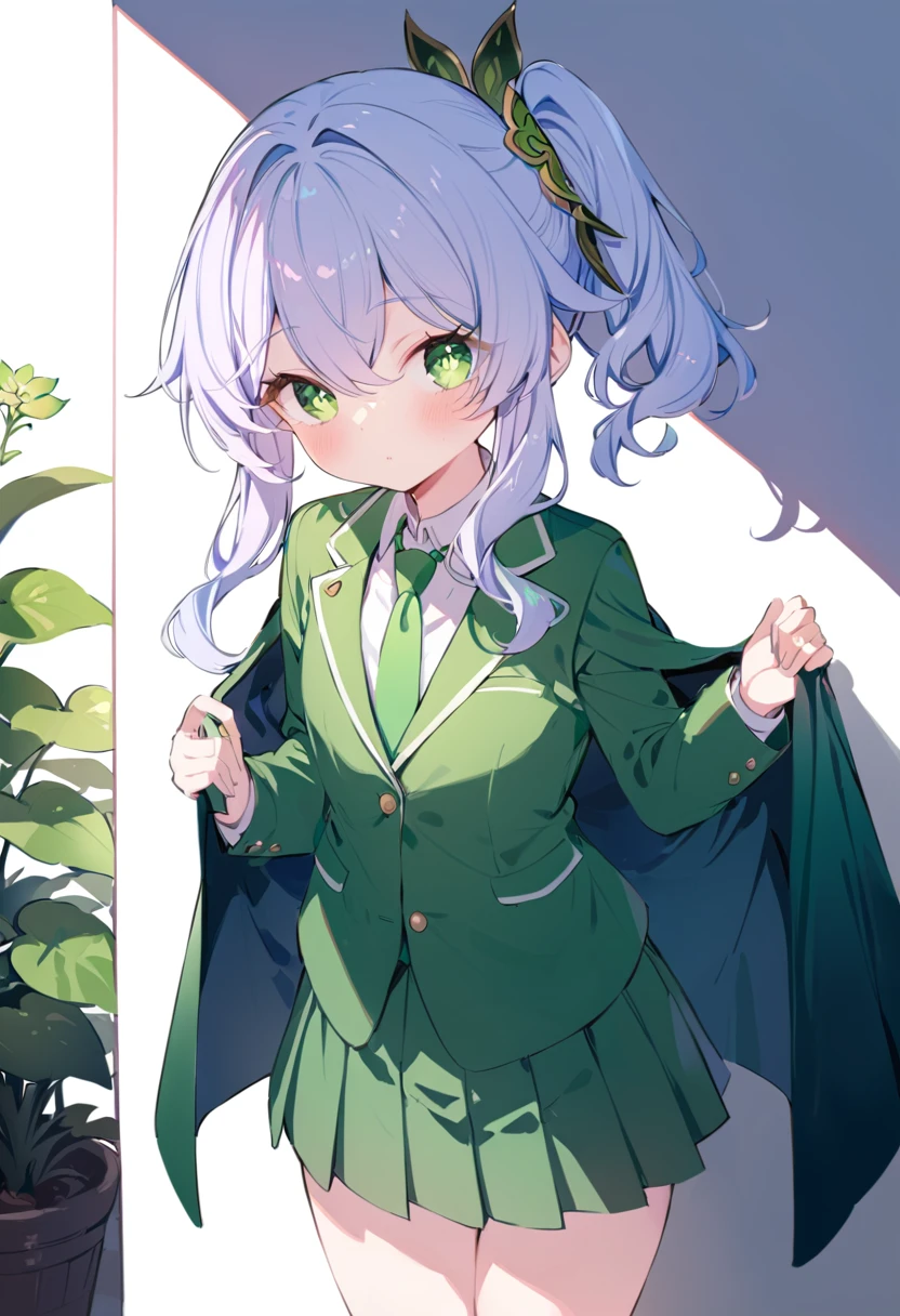 masterpiece, best quality, 1 Girl, Solitary, Nashida_Genshin Impact, Cross-shaped pupil, Uniforms, Green tie, Casual suits, Pleated Skirt, Green Cape, permanent  