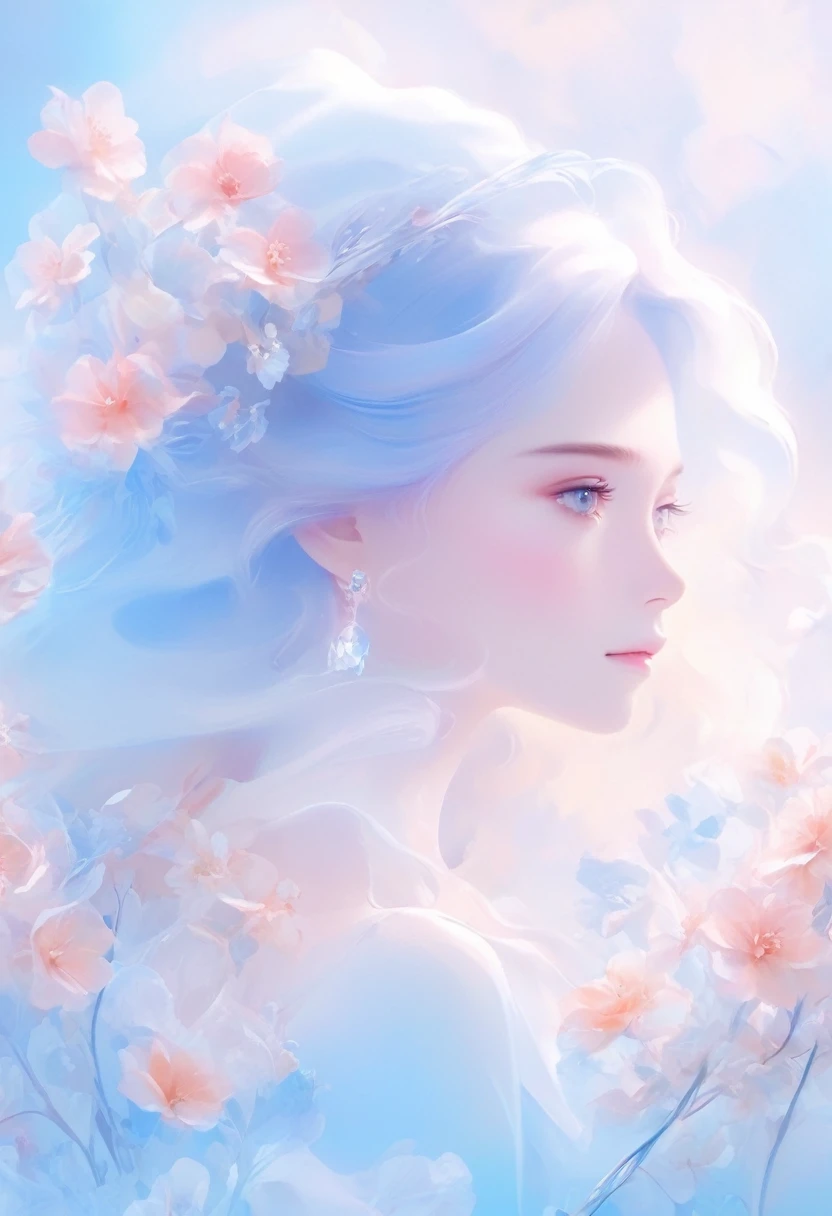 Anime style,Woman and flowers photography,Delicate face,Abstract,Background solid color,Light blue gradient,Low saturation,The characters are transparent,HD,Creative photography,Beauty