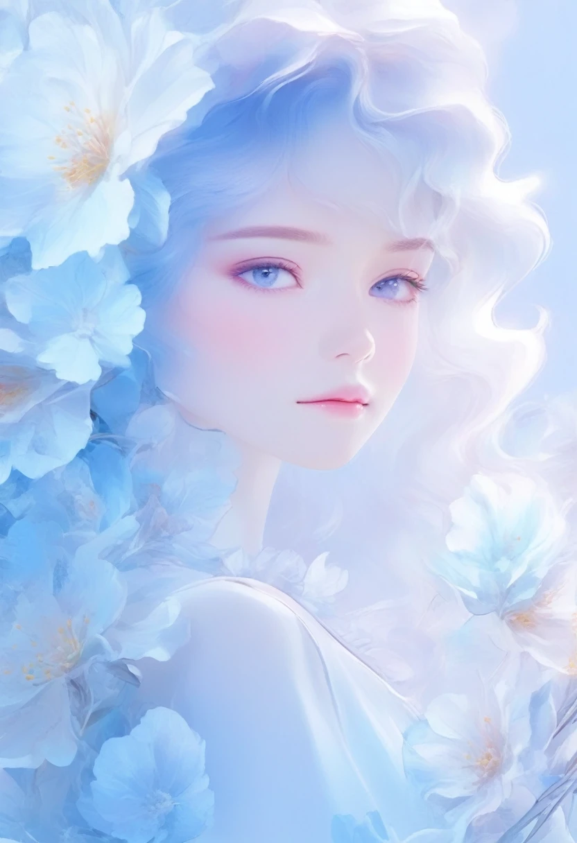 Anime style,Woman and flowers photography,Delicate face,Abstract,Background solid color,Light blue gradient,Low saturation,The characters are transparent,HD,Creative photography,Beauty
