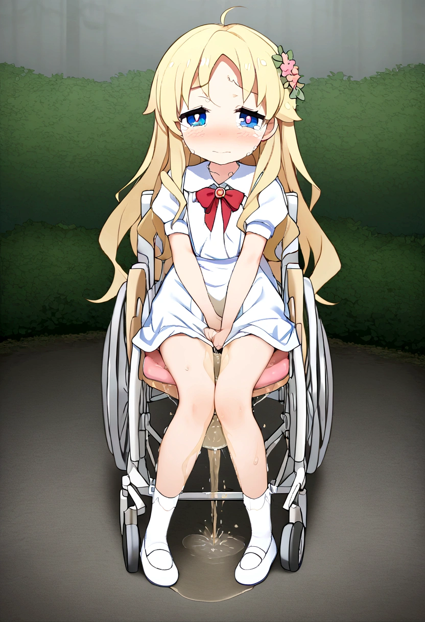 Anime. 1 girl. Baby. Princess. Blonde. Long hair. Blue eyes. Beautiful eyes. Perfect eyes. Expressive eyes. Eyes covered with a faded film. Blind eyes. Blind. Ideal face. Ideal anatomical body. Beautiful long legs. Beautiful body. Beautiful nose. ************. Embarrassment. Blush. Beautiful character design. Shiny skin. Light white dress. Shoes. Hair decorations. Disabled person. Paralytic. Sitting. Wheelchair. Hands on crotch. Urinary incontinence. Wants to pee. She needs to pee. She has a strong, desperate urge to pee. He squeezes his crotch tightly. Rubs copper. Slight lean forward. She peed herself. Fantasy city. A park. Date. He takes off his wet panties. Tears in my eyes. Cry. Snot flows from the nose. Full body. nsfw. Official art. Extremely detailed CG Unity 8k wallpaper. Ideal lighting. Ultra high resolution 4K. Super detailed 8K. A high resolution.