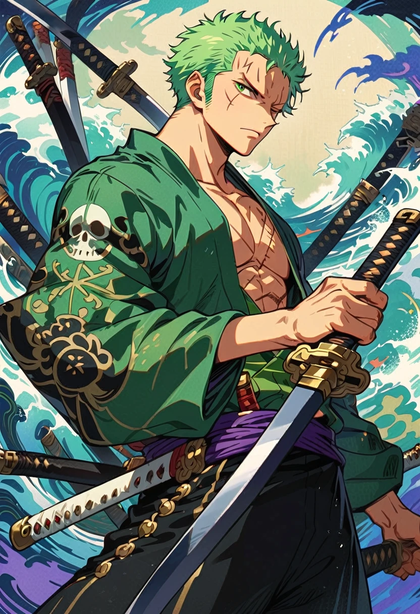 Zoro DO ANIME "(ONE PEACE",) standing alone, Looking at Viewer, short hair, long sleeves, GREEN PIRATE suit jacket, upperbody, missiles, male focus, Japanese clothing, green haired, wHater, WAVES, from sideways, scar on left eye, scabbard, scar on the face, Emscabbarddos, illustration，green artistic background，whole body，holding two sword, (THREE SWORDS ONLY)，profile，view at viewer, green eyes, high detailed wallpaper, high quality, masterpiece