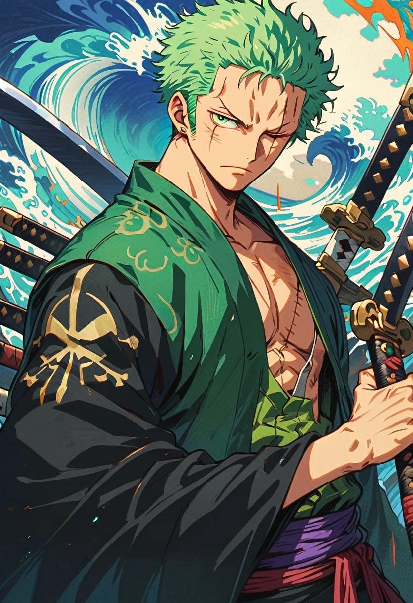 Zoro DO ANIME "(ONE PEACE",) standing alone, Looking at Viewer, short hair, long sleeves, GREEN PIRATE suit jacket, upperbody, missiles, male focus, Japanese clothing, green haired, wHater, WAVES, from sideways, scar on left eye, scabbard, scar on the face, Emscabbarddos, illustration，green artistic background，whole body，holding two sword, (THREE SWORDS ONLY)，profile，view at viewer, green eyes, high detailed wallpaper, high quality, masterpiece