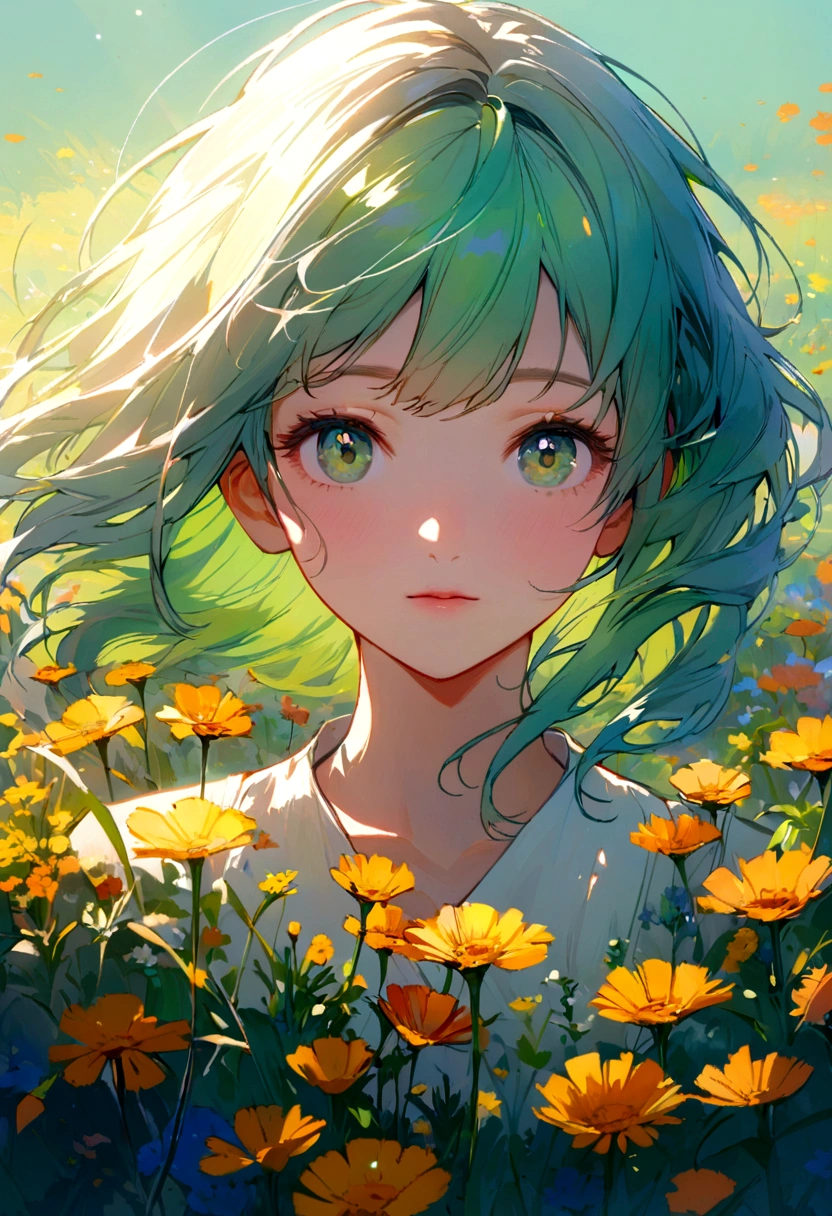 A close-up portrait of a beautiful girl in a meadow filled with wildflowers, looking into the camera. The vibrant colors of the flowers and the soft green background create a harmonious and peaceful scene. Detailed textures, vivid colors, serene atmosphere, hd quality