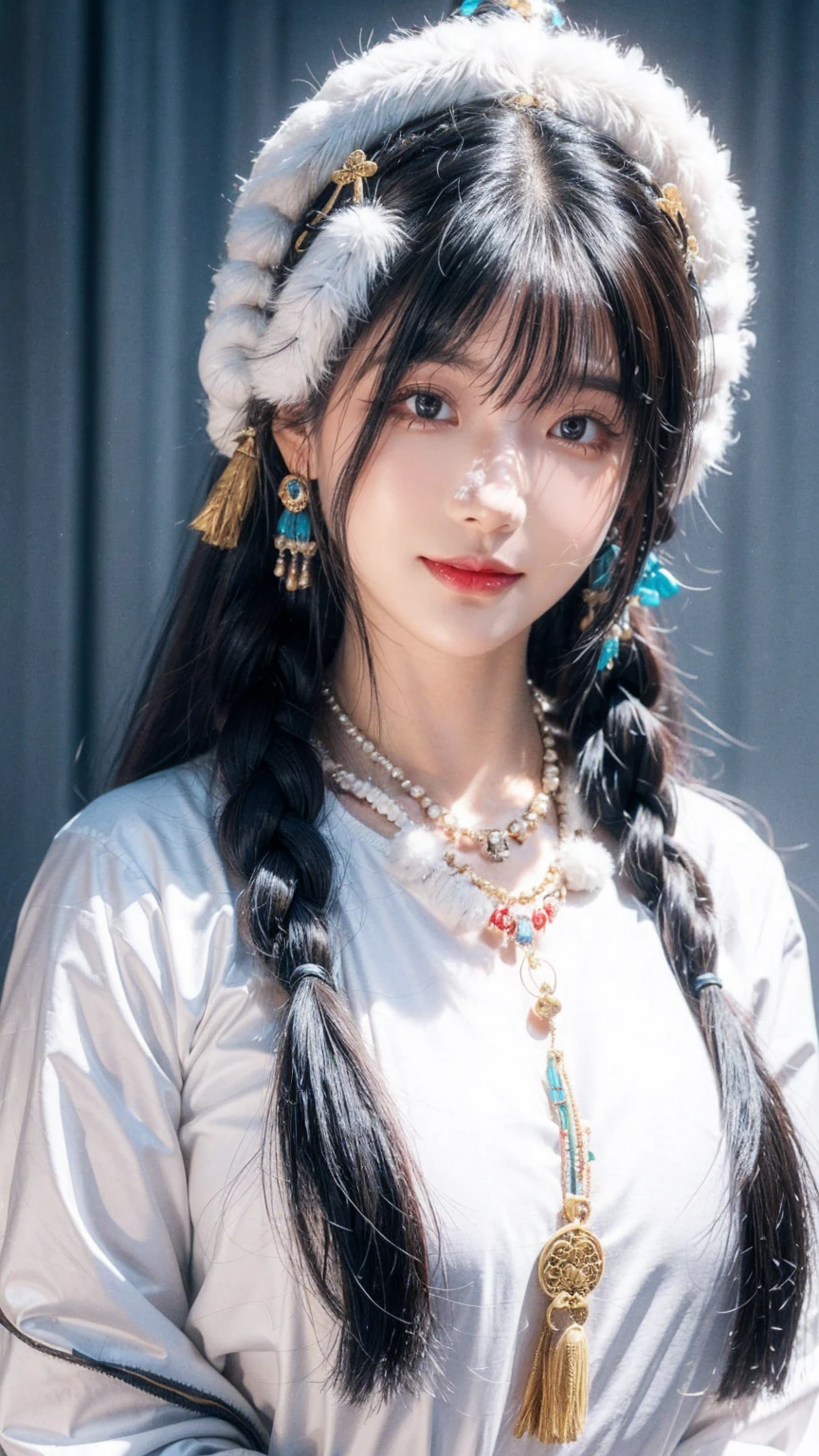 A girl, Long braids, Tibetan girl, close up, Raise your head slightly, Smile, Bust photo, Upper Body, Appearance impotence, Gorgeous Tibetan costumes, Bulky necklace, Cumbersome Tibetan headdress, Fluff on clothes, White Animal Flu, Live-action CG, 甜美style, style, high definition 4k