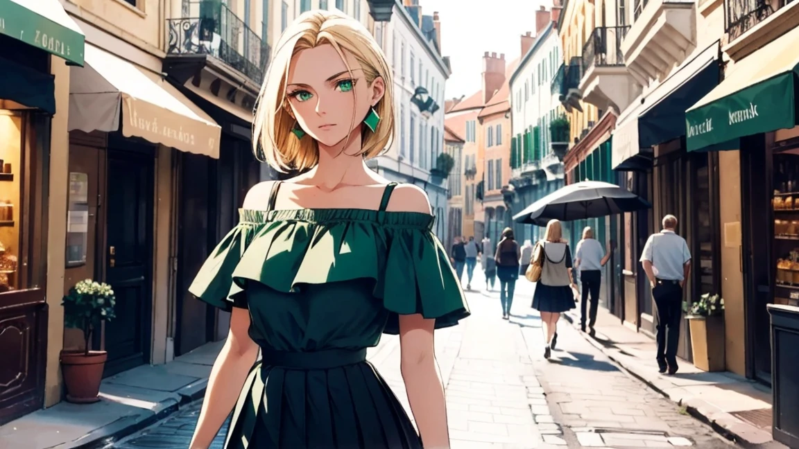 Walking through the streets of the city, with his back turned, looking over his shoulder, /(perfect and detailed hands, highly detailed and perfect fingers, perfect and detailed triangular face, beautiful, perfectly proportioned and highly detailed body,), /(A beautiful European woman with an indifferent expression on her face, 20 years old, straight golden blonde hair, white skin, with perfectly detailed emerald green eyes), /(Casual wear: short dark blue fitted skirt with pleats, white off-shoulder blouse with a tight fit),