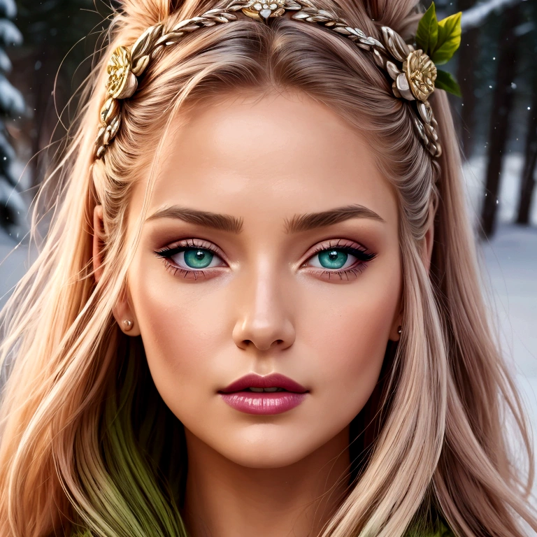 vintage style fantasy, masterpiece, magnificent art, best quality, 1girl, close-up girl nordic princess, Scandinavian mountains, winter weather, symmetrical and hyper detailed face, silky skin like peach silk, vibrant and aggressive green eyes, white and messy hair up to the waist, sculptural body, (sparks: 0.7), Adobe Illustration, Trand on Artstation, 8K, hd, UHD, cold and soft lighting,  --q 500 --s 100, -