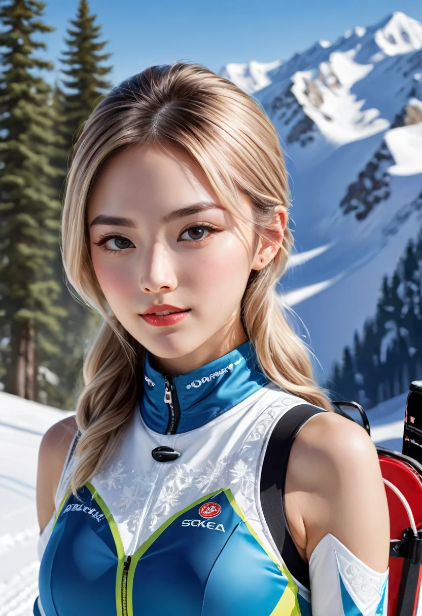 8K resolution, masterpiece, Highest quality, Award-winning works, unrealistic, , Royal Jewel,Photorealistic paintings by Midjourney and Greg Rutkowski, , elegant, Very detailed, Delicate depiction of hair, Miniature Painting, Digital Painting, Art Station, Concept Art, Smooth, Sharp focus, shape, nature, Clear shadows, Full body portrait, Ski resort, Snow Mountain, 女子Skier,erotic, One sexy woman, healthy shaped body,, 22-year-old woman, , Height: 170cm, Large, firm, swaying bust, Skier, Giant Slalom, Ski resort, slalom, Fancy ski wear, Skiwear with a complex structure, ski, Ski down a steep slope, Glide