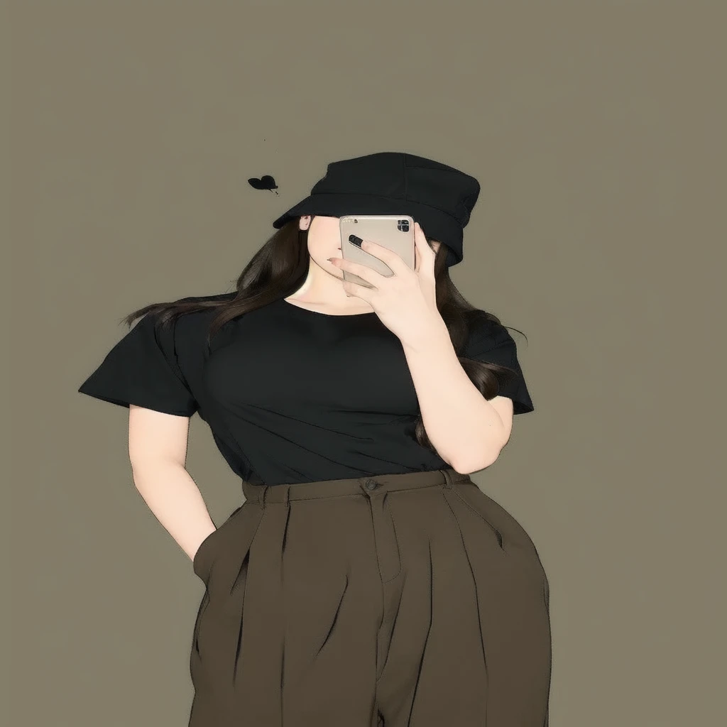 a woman in a black shirt and brown pants holding a cell phone,