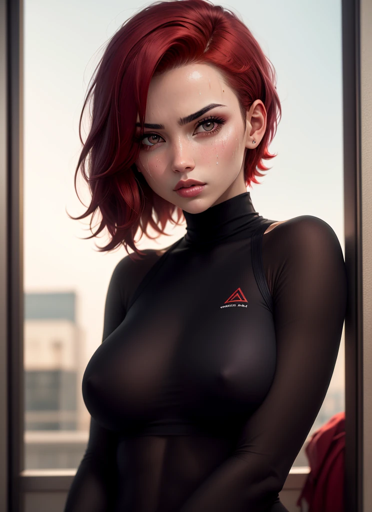 Woman with short red hair, with short, straight hair, wearing turtleneck, seductive beautiful girl, big breastes, pouty lips, pouty lips, Athletic body, Girl from Europe, lots of tattoos, Not a model, Street, The skin is shiny with sweat, Gloomy room, twilight, Color photo, contempt in the gaze, A keen eye, High image quality, Color shot,