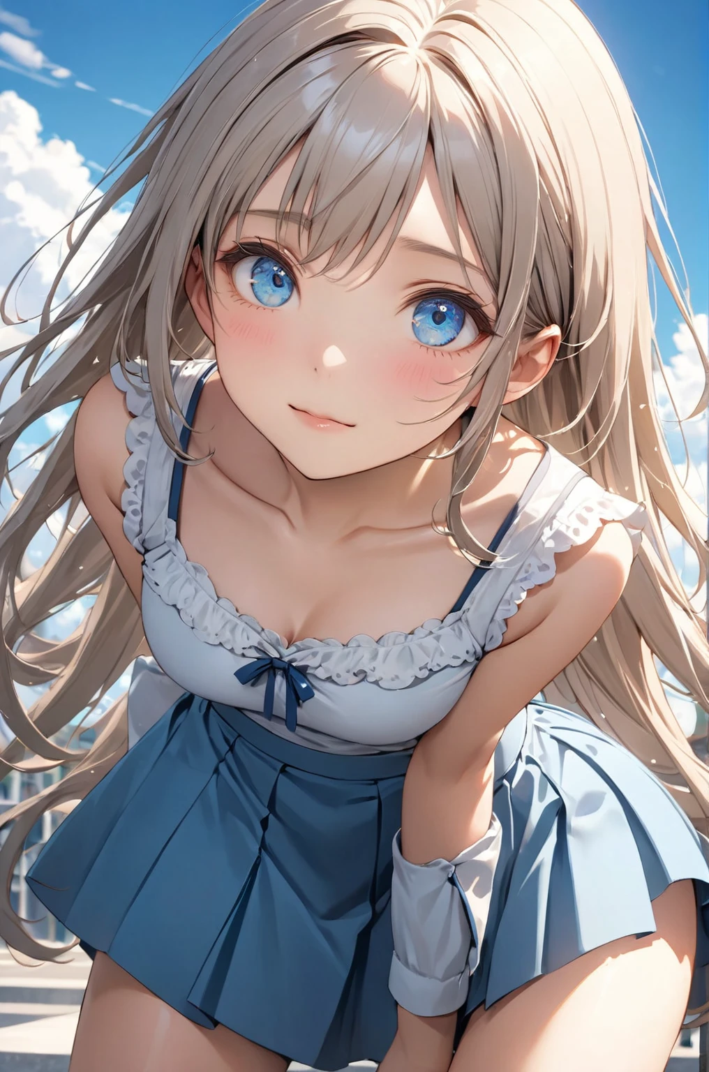 Highest quality, Highest quality, 16K, Unbelievably absurd, Very detailed, 2.5D, delicate and dynamic, blue sky, Small face, Very delicate facial expressions, Delicate eye depiction, Upper body close-up, Only sexy women, Healthy body shape, 15-year-old female,high school girl, Height: 164cm, Light blue long hair, Sexy long legs, Blue long skirt,