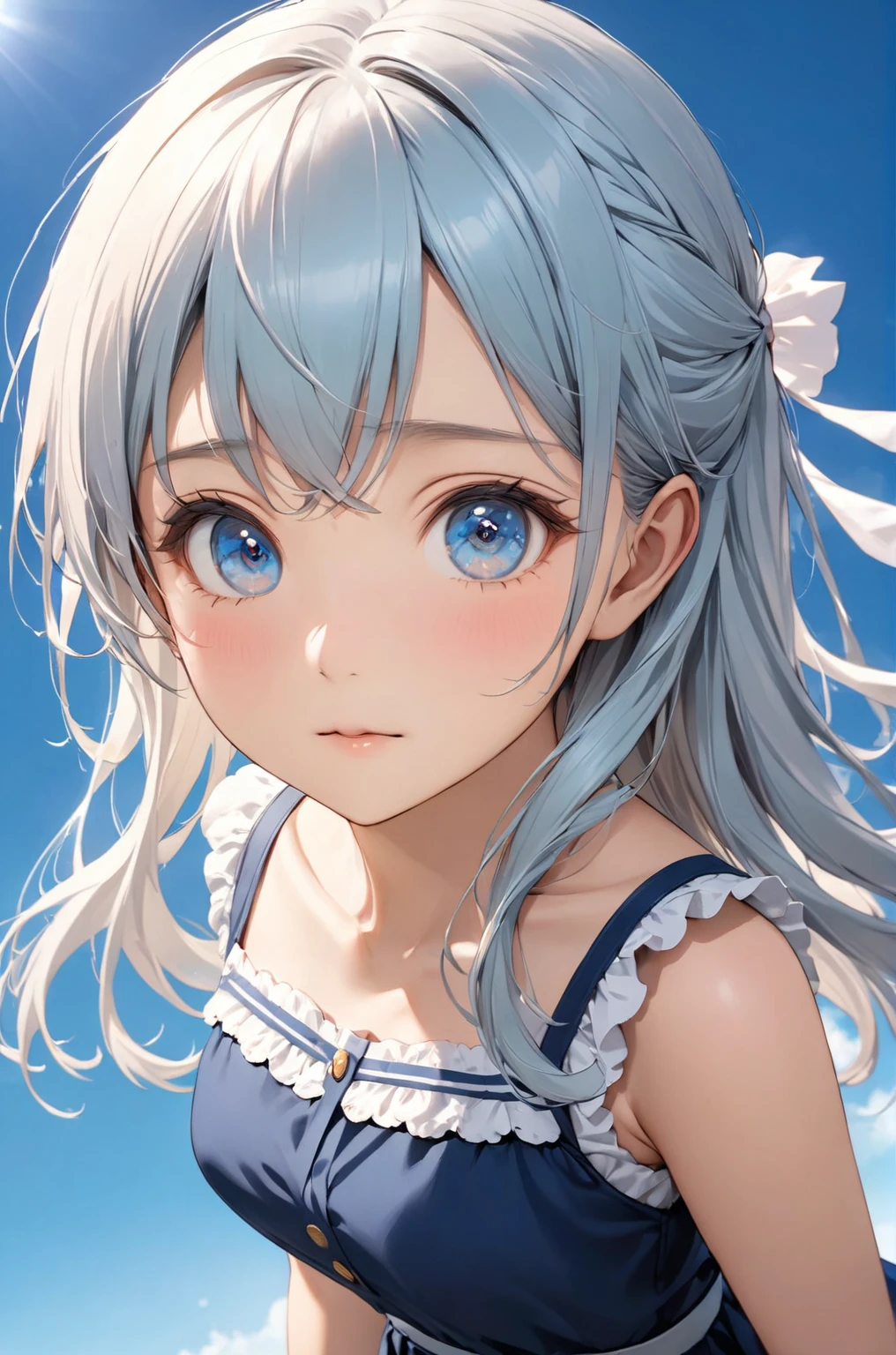 Highest quality, Highest quality, 16K, Unbelievably absurd, Very detailed, 2.5D, delicate and dynamic, blue sky, Small face, Very delicate facial expressions, Delicate eye depiction, Upper body close-up, Only sexy women, Healthy body shape, 15-year-old female,high school girl, Height: 164cm, Light blue long hair, Sexy long legs, Blue long skirt,