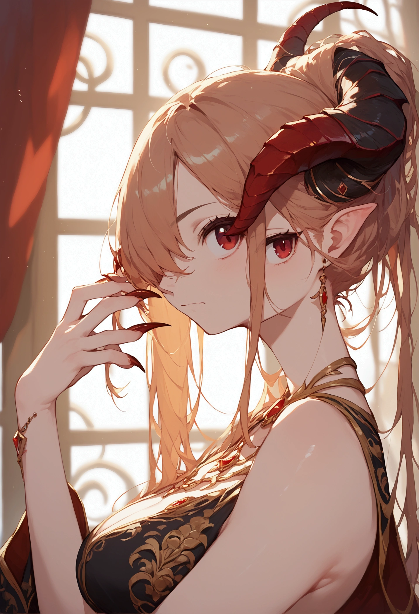 score_9,score_8_up,score_7_up,score_6_up,1girl, best quality, solo, long hair, hair over one eye, looking at viewer, claws, horns, closed mouth, red eyes