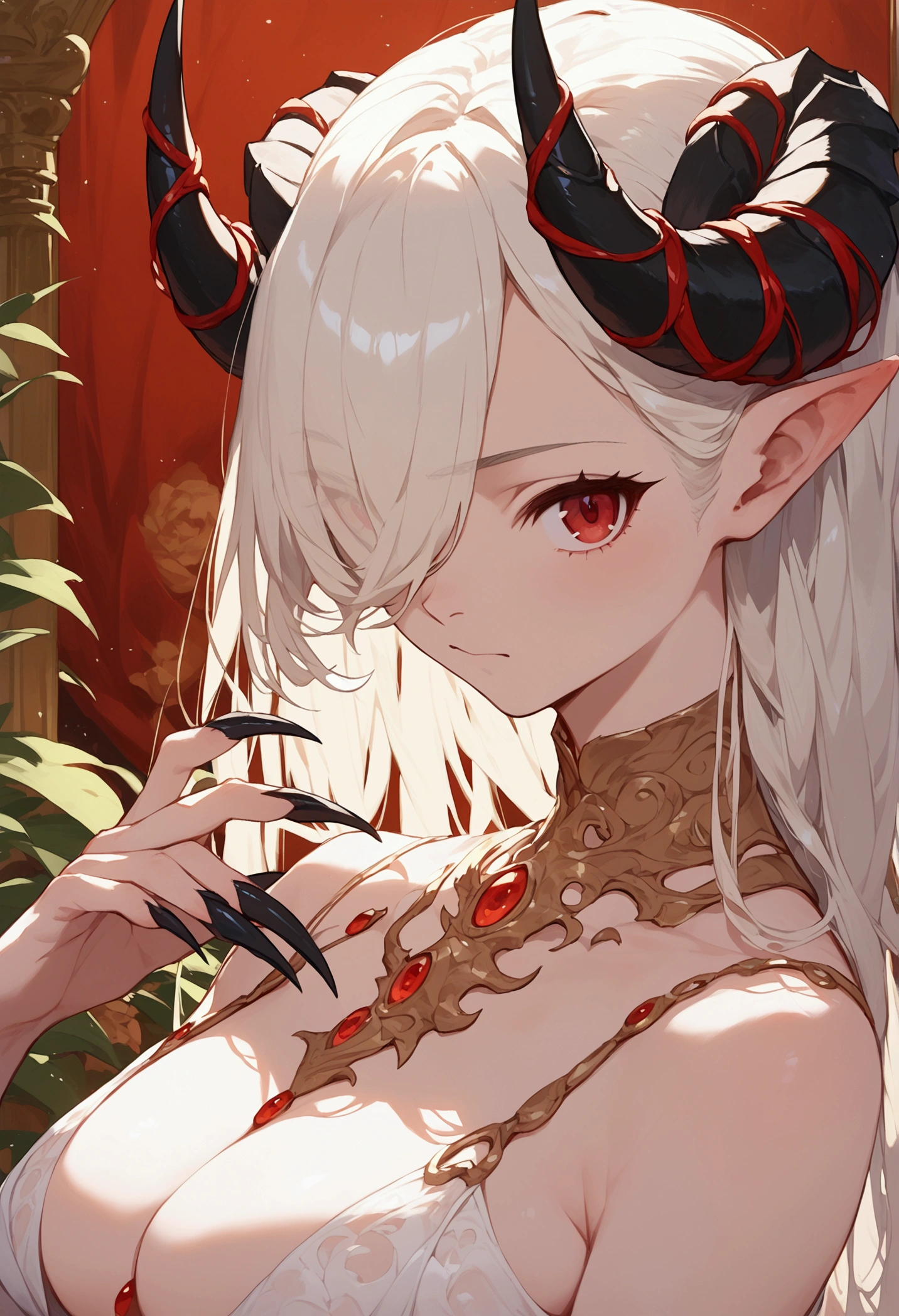 score_9,score_8_up,score_7_up,score_6_up,1girl, best quality, solo, long hair, hair over one eye, looking at viewer, claws, horns, closed mouth, red eyes