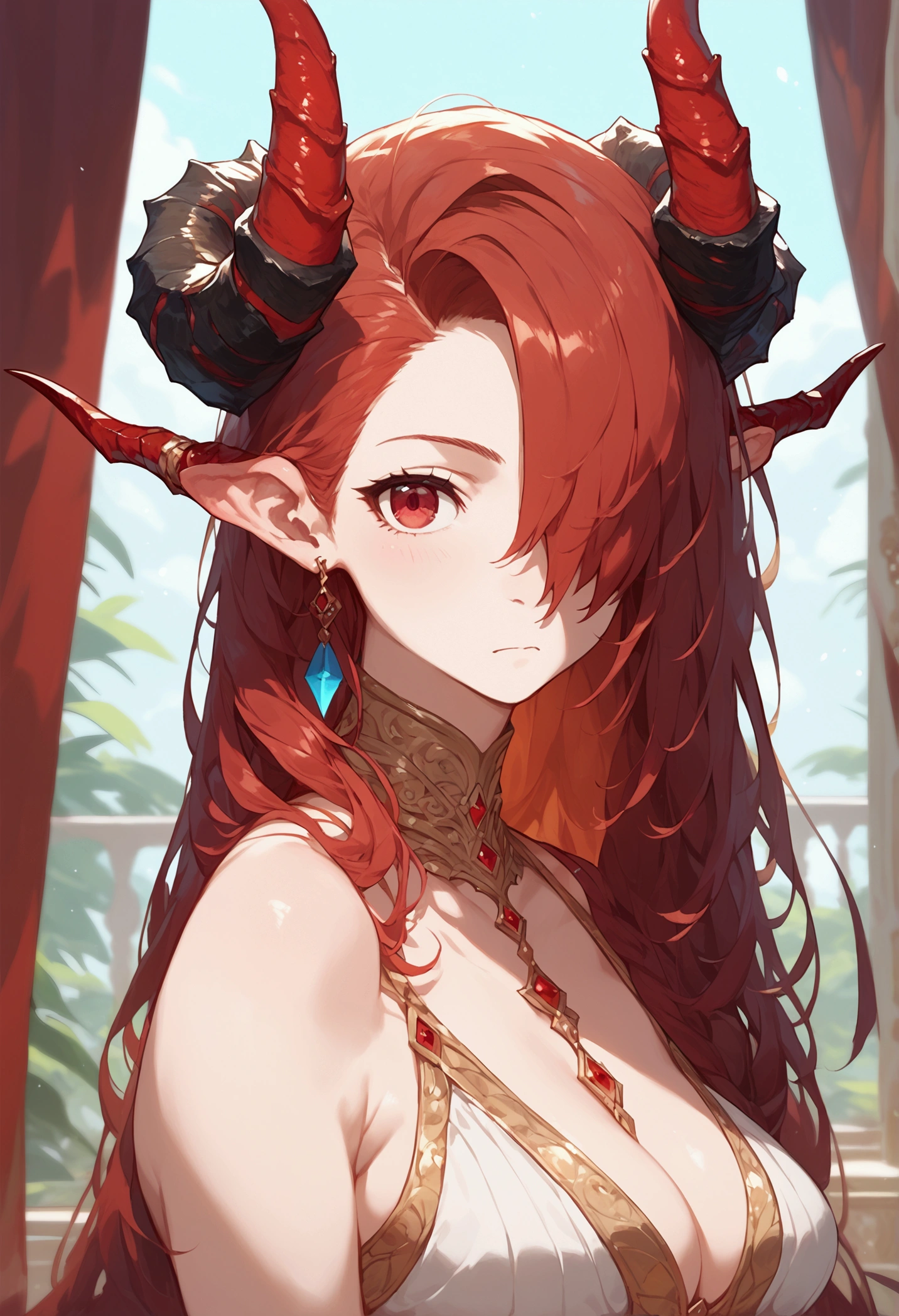 score_9,score_8_up,score_7_up,score_6_up,1girl, best quality, solo, long hair, hair over one eye, looking at viewer, claws, horns, closed mouth, red eyes