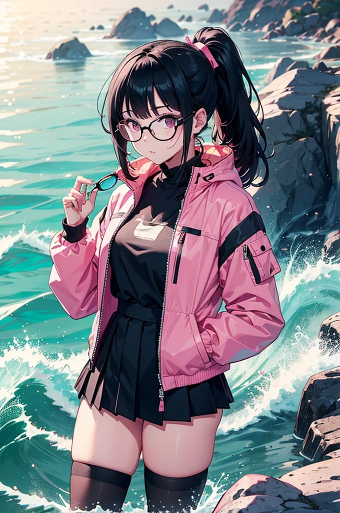 young woman with black hair, pink clips in hair, bangs, black and white water proof jacket, attractive, circular glasses with pink tint, skirt, thigh high socks, ponytail