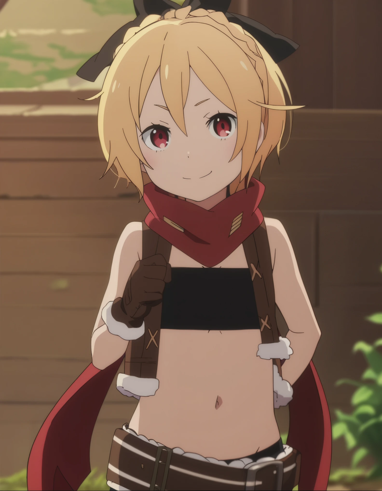 score_9, score_8_up, score_7_up,source_anime, anime screencap,
BREAK
Felt, upper body, looking at viewer, smile, flat chest, brown vest, bandeau, brown gloves, midriff, red scarf, flat chest,