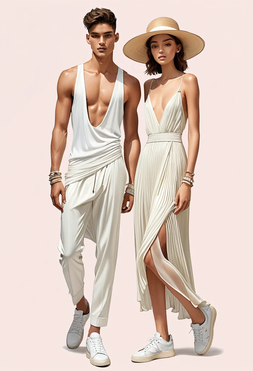 candid fashion illustration of young Mixed race man and woman supper models, both aged 22 year old, skinny and lean, ((showcase fashion look book in White outfits)), inspired by Christian Dior's resort collection in elegant young bohemian style. The man wears only white sheer G string, topless, standing spread apart give a nice view of his thick bulge cock line, He completes his look with white sneakers, round sunglasses and bracelet. The woman complements him in a Long plissé dress in jersey with a deep V-neckline and narrow shoulder straps that cross at the back. Deep opening at the back, a concealed zip at one side and gathered tiers on the skirt for added volume, Her ensemble includes an accessorizes with a straw hat, white sneakers, Captured in a dynamic angle, ((full-body image)), ((pastel color background)), sketching, realistic pencil lines, imperfect drawing, fading sketch, fashion look book, fashion illustrator, sketch design,