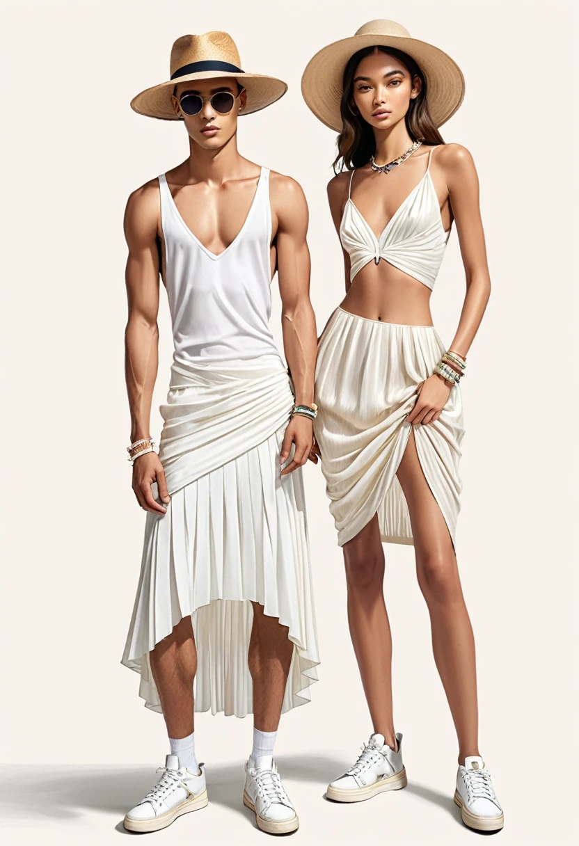 candid fashion illustration of young Mixed race man and woman supper models, both aged 22 year old, skinny and lean, ((showcase fashion look book in White outfits)), inspired by Christian Dior's resort collection in elegant young bohemian style. The man wears only white sheer G string, topless, standing spread apart give a nice view of his thick bulge cock line, He completes his look with white sneakers, round sunglasses and bracelet. The woman complements him in a Long plissé dress in jersey with a deep V-neckline and narrow shoulder straps that cross at the back. Deep opening at the back, a concealed zip at one side and gathered tiers on the skirt for added volume, Her ensemble includes an accessorizes with a straw hat, white sneakers, Captured in a dynamic angle, ((full-body image)), ((pastel color background)), sketching, realistic pencil lines, imperfect drawing, fading sketch, fashion look book, fashion illustrator, sketch design,