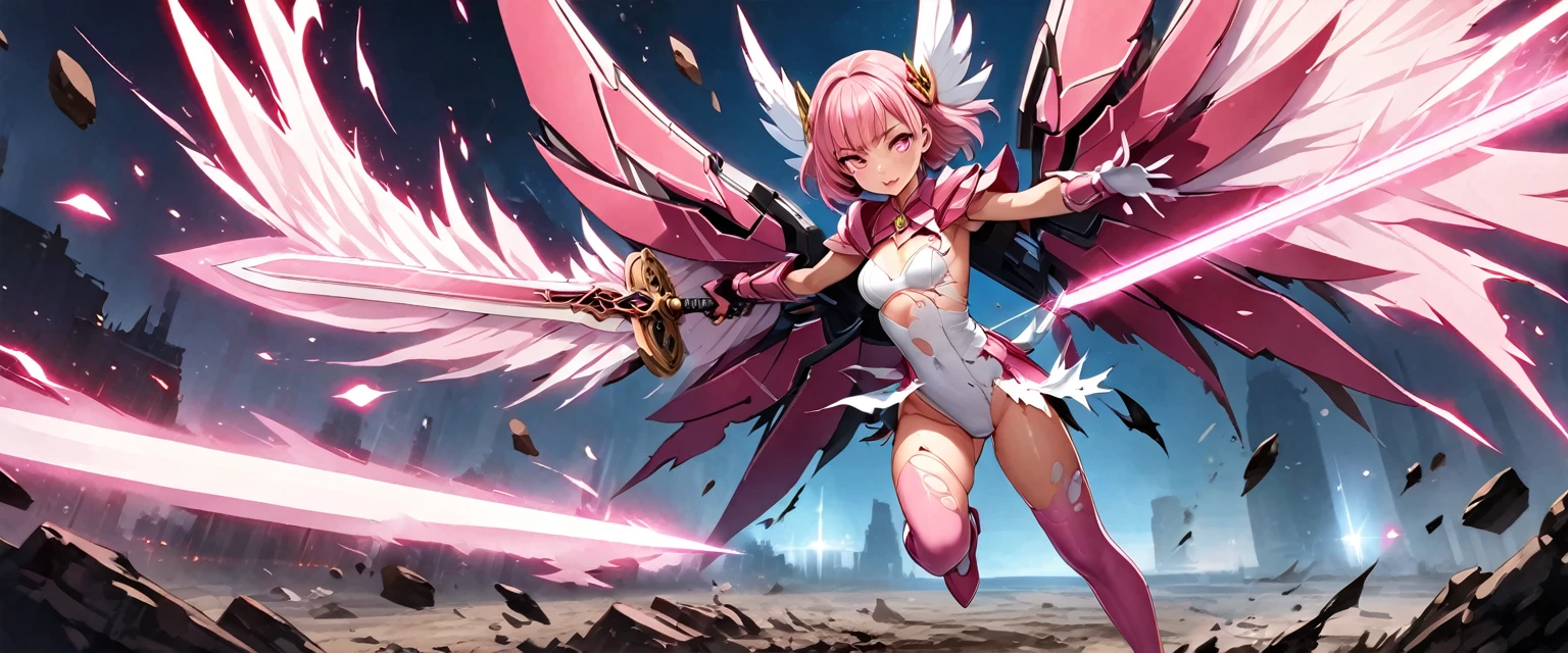 (Perfect Anatomy)、Mastepiece、Ultra High Quality、 8K、masterpiece、Highest quality、Ultra-high resolution、Maximum resolution、Very detailed、Professional Lighting、anime、woman、thin、so beautiful、Highly detailed eye、Highly detailed face、Golden earrings、Pink Hair,、Pink eyes、Mid-chest, pink lips, upper arm pink armor, white leotard, pink pattern, full body, magical girl, Angel Girl, Are standing, pink thigh high stockings, white super long boots, pink gauntlet, high heels, hime cut, bridal hair accessory, (((Summoning a magic sword))), Opening legs outwards, glowing eyes, madeon, Biopunk, Creating wind with wings, (((Forming a magical shield))), Enveloped in a magical aura, Firing magical arrows, spread legs(((attack with sword))),  (torn clothes:1.9), (dirt), blood return, (((abrasion)))