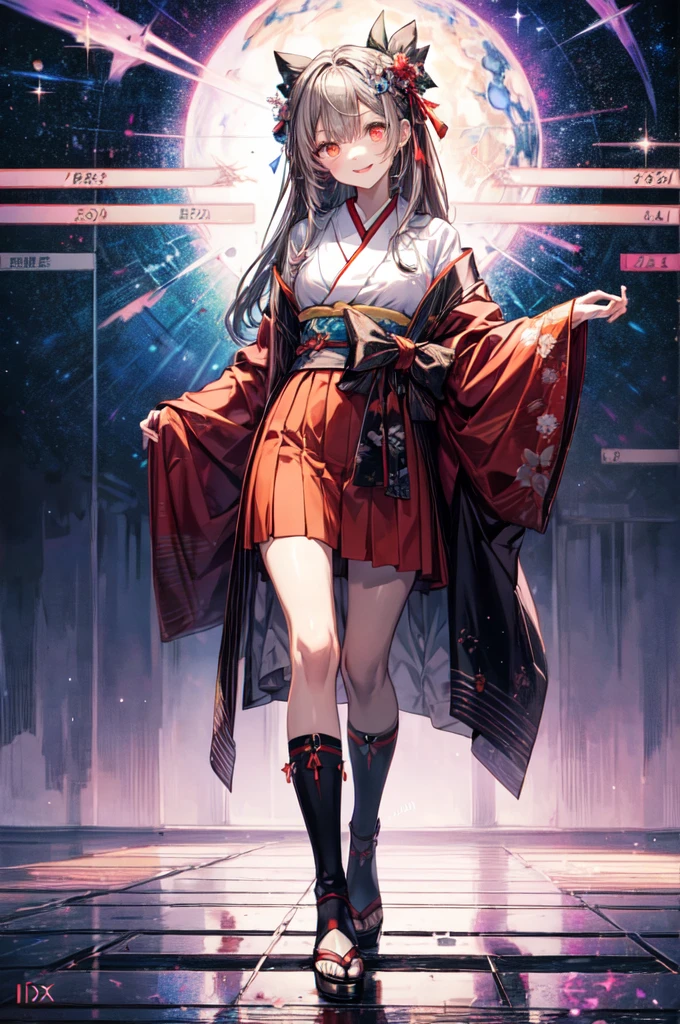 It is a full-body illustration of a beautiful slender woman with brown and grayish ash color straight hair, red sexy lips, and a smile. She is an FX trader. She is wearing a mini-skirt kimono dressed as Orihime on Tanabata day, and is smiling with the Milky Way and FX chart in the background (Milky Way, starry sky, FX chart) (sparkling, glowing clothes, glowing eyes) There are glowing illustrations like Pixiv.