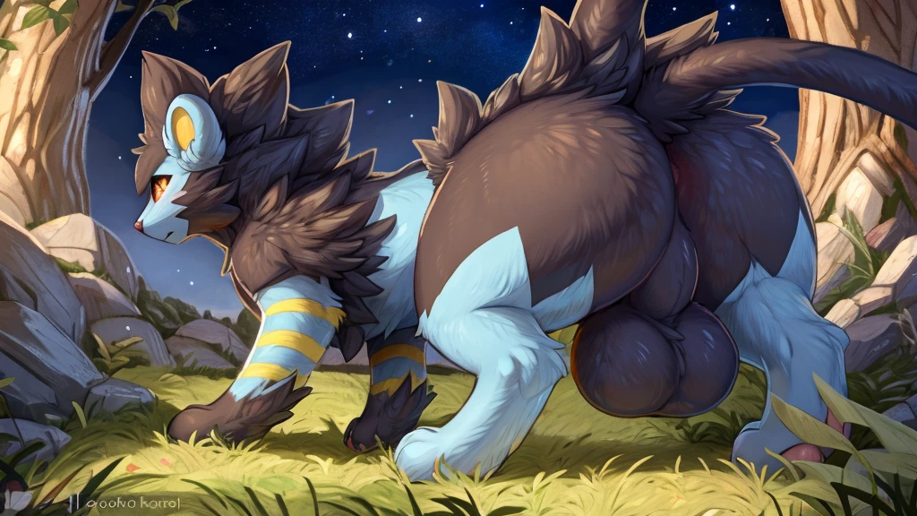 Male, Luxray, Pokemon species, solo, close-up, feline, super detailed, detailed paws, detailed background, detailed fur detailed eyes, big butt, wide hips, thick fur, highres, 4k, extremely detailed, large body, feral limbs, feral focus, large butt, bubble butt, balls, barely visible anus, quadrupedal feral, by backsash, by hioshiru, by zackary911