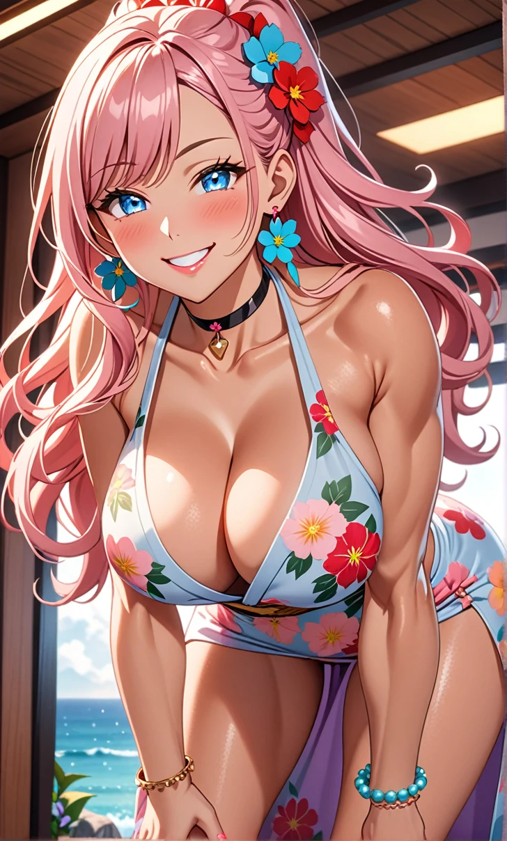 ultra-detailed, ((one girl)),(tan skin:1.3), in pastel colors gyaru, hyper detailed, absurdres, 8K, Beautiful Face, (Laugh shyly), ((teasing smile:1.8)), ((Wink:1.7)), (Laugh with your mouth wide open),((Tilt your head:1.6)), View your viewers, ((Bright red cheeks:1.6)),Glossy Red Lips, ((Big Breasts:1.5)), ((show off breast:1.4)), (erect nipples), night, Terrace on the coast, (Brighten your face), ((Anime style background)),masterpiece, Highest quality, so beautiful,Latest, Complex details, (Pink long nails), (nail art), (ring),(bracelet), (Floral Choker),AI-generated, Complex,High resolution, Highest quality, super high quality,3D Images、3D Images,One person,Pastel pink long hair,(High Ponytail), (wavy hair:1.3), Pastel anime woman posing for a photo, ((Fine grain、blue eyes、glowing eyes:1.4)), (Squint your eyes:1.1),a hyperRealistic , hyperRealistic , Realistic,Anime woman with long pastel pink hair, Smooth anime CG art, A girl in a gorgeous pastel-colored kimono, ((undressing)), ((Pastel-colored furisode)),(Pink large floral pattern) ,Long flower hair ornament,Floral Earrings,Mature Body, tall,Abdominal muscles,Tight waist, ((leaning forward:1.5)), (from below),