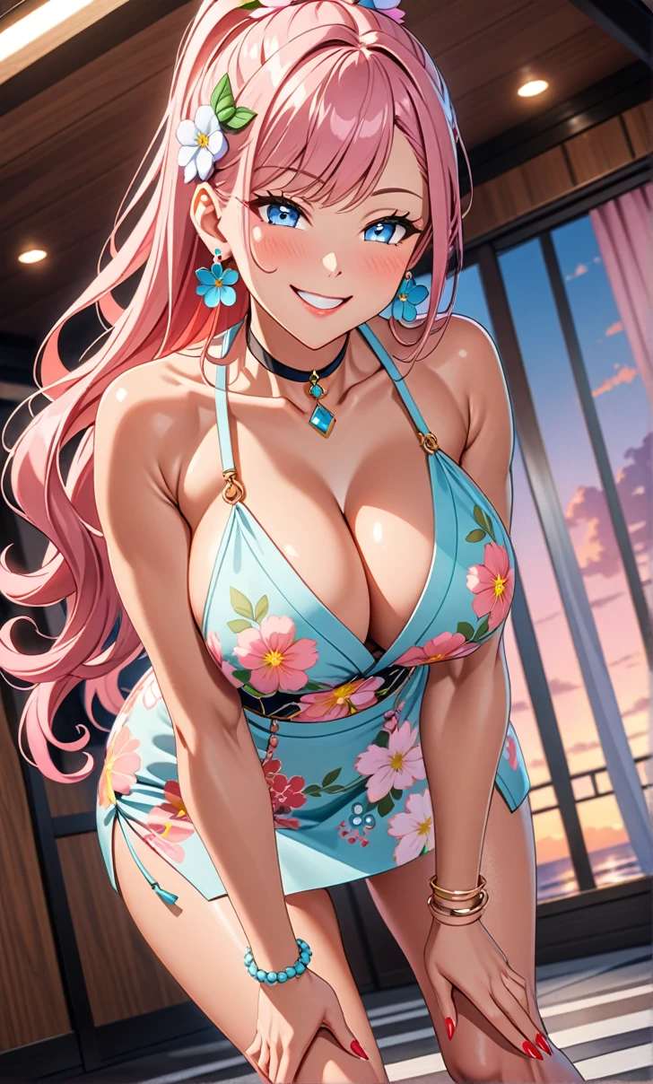 ultra-detailed, ((one girl)),(tan skin:1.3), in pastel colors gyaru, hyper detailed, absurdres, 8K, Beautiful Face, (Laugh shyly), ((teasing smile:1.8)), ((Wink:1.7)), (Laugh with your mouth wide open),((Tilt your head:1.6)), View your viewers, ((Bright red cheeks:1.6)),Glossy Red Lips, ((Big Breasts:1.5)), ((show off breast:1.4)), (erect nipples), night, Terrace on the coast, (Brighten your face), ((Anime style background)),masterpiece, Highest quality, so beautiful,Latest, Complex details, (Pink long nails), (nail art), (ring),(bracelet), (Floral Choker),AI-generated, Complex,High resolution, Highest quality, super high quality,3D Images、3D Images,One person,Pastel pink long hair,(High Ponytail), (wavy hair:1.3), Pastel anime woman posing for a photo, ((Fine grain、blue eyes、glowing eyes:1.4)), (Squint your eyes:1.1),a hyperRealistic , hyperRealistic , Realistic,Anime woman with long pastel pink hair, Smooth anime CG art, A girl in a gorgeous pastel-colored kimono, ((undressing)), ((Pastel-colored furisode)),(Pink large floral pattern) ,Long flower hair ornament,Floral Earrings,Mature Body, tall,Abdominal muscles,Tight waist, ((leaning forward:1.5)), (from below),
