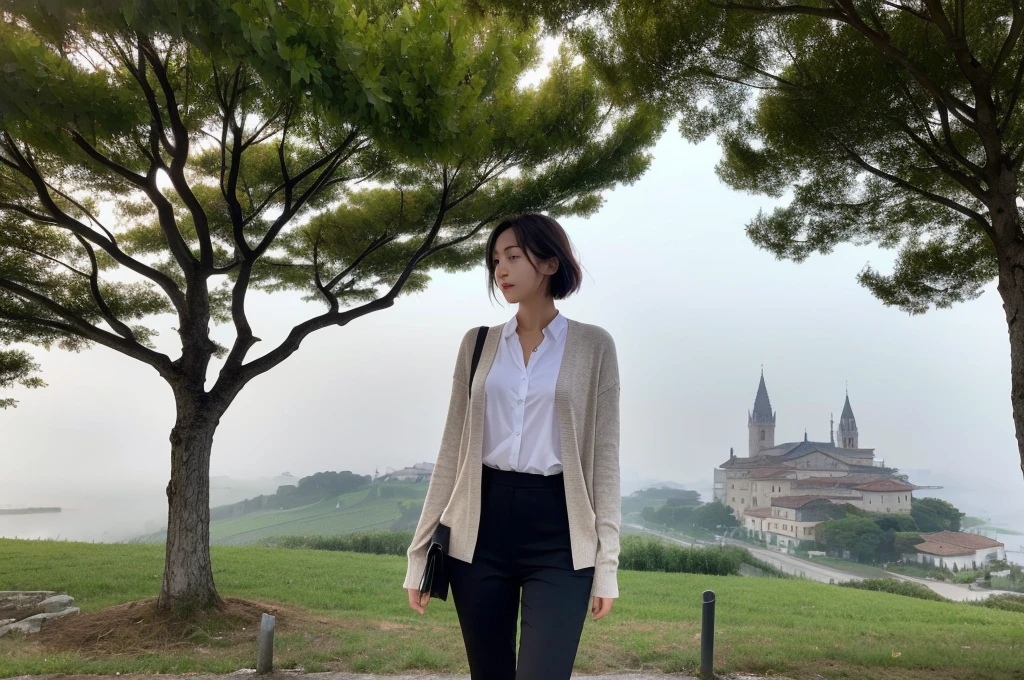 8k best picture quality, Beautiful 36-year-old Korean woman, short and nice weather. Chest size 34 inches, Dense fog at dawn in the Italian countryside, past the vineyard, The cathedral can be seen in the fog on a hill in the distance., The back background is realistic and vivid image quality, Short and medium hair blowing in the wind, Wearing high-end luxury brand travel clothes, Casual pants and cardigan., a faint smile. the background is clear, Short and slim Korean woman, stand far away, Photo taken with a wide-angle lens, There is a thick fog in the early morning.
