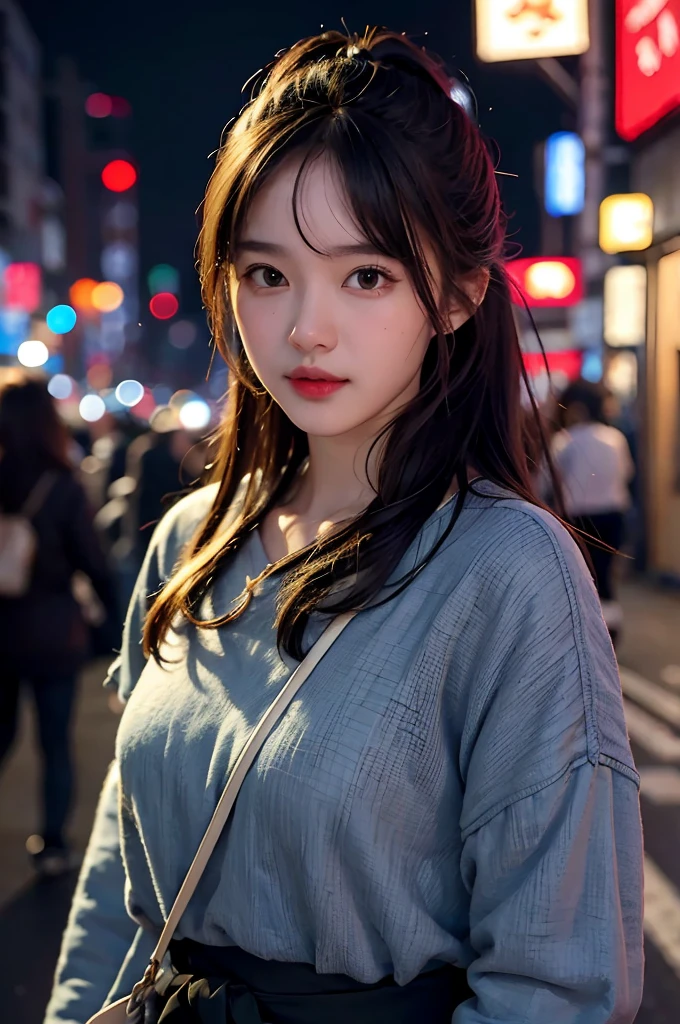 6 girl, streets of Seoul, natta, a city scape, city light, the upper part of the body, a close up, 8k, raw photography, high top quality, masterpiece, realistic, photorealistic, sexy lip , disheveled hair, lovely smile, korean girl