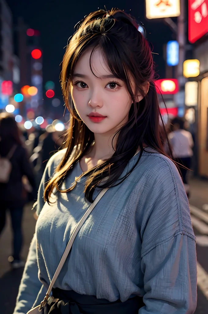 6 girl, streets of Seoul, natta, a city scape, city light, the upper part of the body, a close up, 8k, raw photography, high top quality, masterpiece, realistic, photorealistic, sexy lip , disheveled hair, lovely smile, korean girl