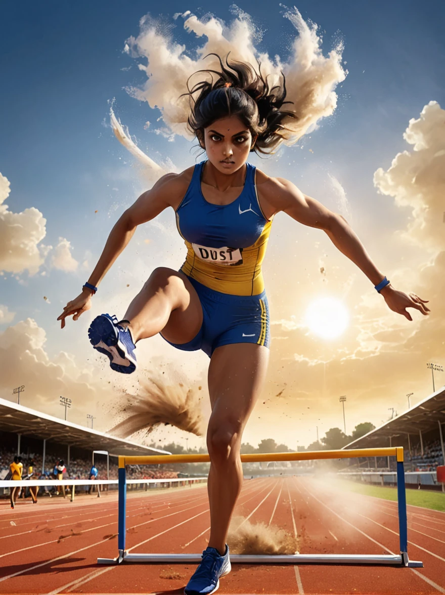 A dynamic scene unfolds on a professional athletics track where an intense competition is in progress. The setting sun in the background casts a warm light on the field, revealing an athlete, a determined South Asian woman in her mid-twenties, intensely focused on the task at hand. With her running shoes kicking up small dust clouds from the track, she is in the process of leaping over a hurdle. The hurdle, a strip of bright aluminum with a bar painted white and black for visibility, stands seemingly insurmountable but not for our athlete. Her muscles are tensioned, her form flawless as she jumps over it, in her royal blue and yellow athletic attire.