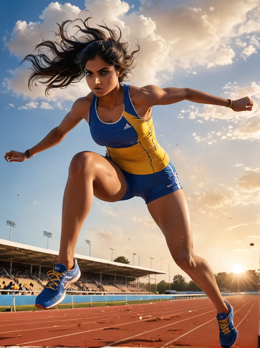 A dynamic scene unfolds on a professional athletics track where an intense competition is in progress. The setting sun in the background casts a warm light on the field, revealing an athlete, a determined South Asian woman in her mid-twenties, intensely focused on the task at hand. With her running shoes kicking up small dust clouds from the track, she is in the process of leaping over a hurdle. The hurdle, a strip of bright aluminum with a bar painted white and black for visibility, stands seemingly insurmountable but not for our athlete. Her muscles are tensioned, her form flawless as she jumps over it, in her royal blue and yellow athletic attire.